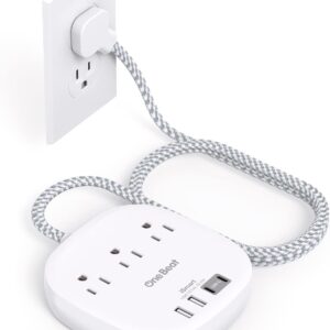 One Beat Flat Plug Power Strip, 5ft Flat Extension Cord, 3 Outlets 4 USB Ports (2 USB C) 22.5W/4.5A Desktop Charging Station Cruise Ship Power Strip No Surge Protection, Dorm Room Travel Essentials
