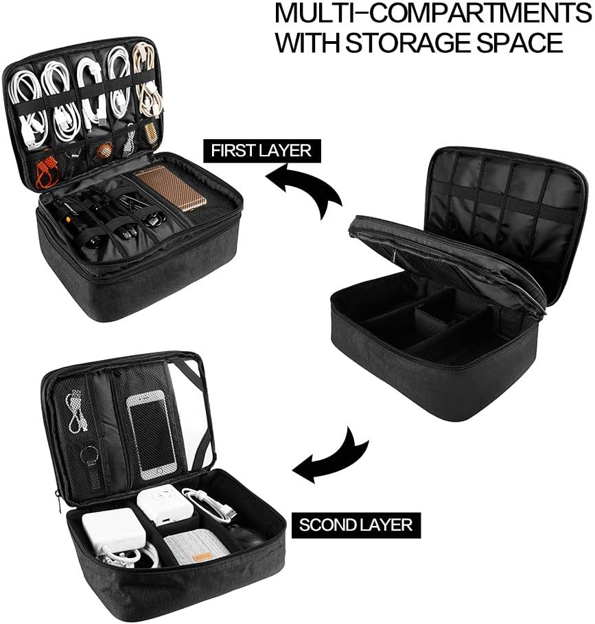 Travel Electronics Organizer, Waterproof Cable Organizer Bag for Electronic Accessories Double Layer Large Shockproof Cable Storage Bag for Cord, Power Bank, Tablet(Up to iPad 11 inch) - Black - Image 3