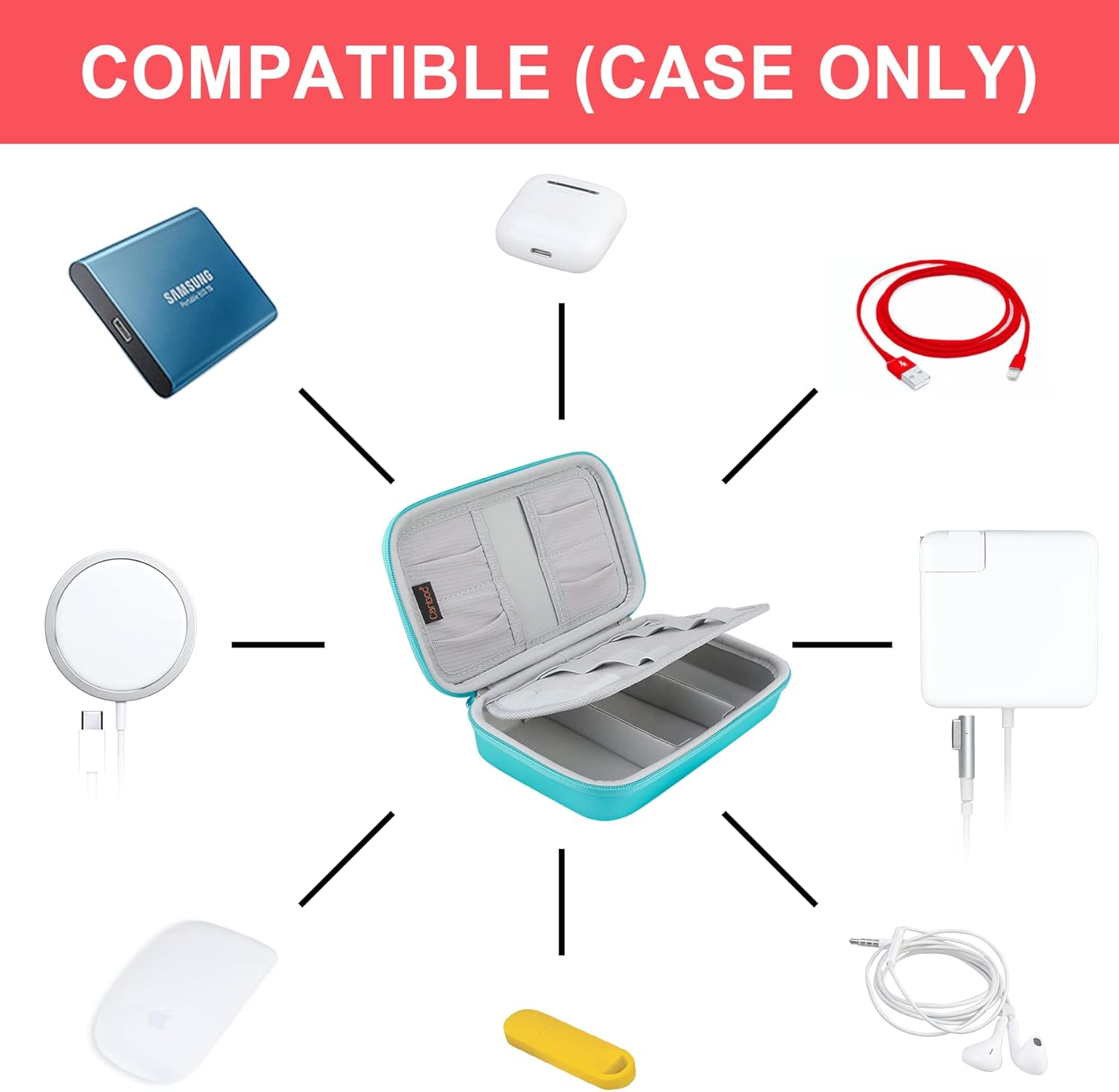 Hard Electronic Organizer Travel Case Electronics Accessories Cable Gadget Wire Storage Bag Double Layer Shockproof Box for Charger, Cord, Flash Drive, Apple Pencil, Power Bank, Turquoise - Image 5
