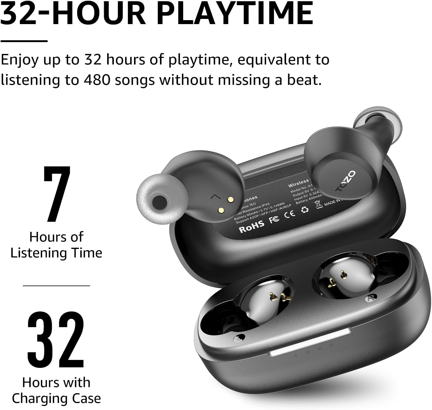 TOZO A1 Wireless Earbuds Bluetooth 5.3 Light Weight in Ear IPX5 Waterproof Headphones 2 Mic for AI Calls, Immersive Premium Sound Bass Headset with Charging Case, 32 Presets EQ Customization via App - Image 6