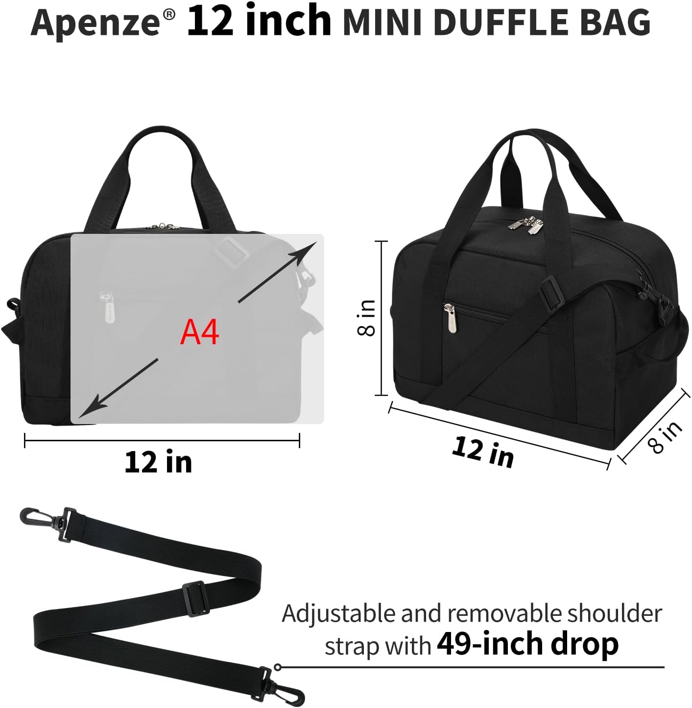 Small Gym Bag Carry On Bag - 12 in Mini Duffle Bag Lightweight for Overnight Travel(Black) - Image 6