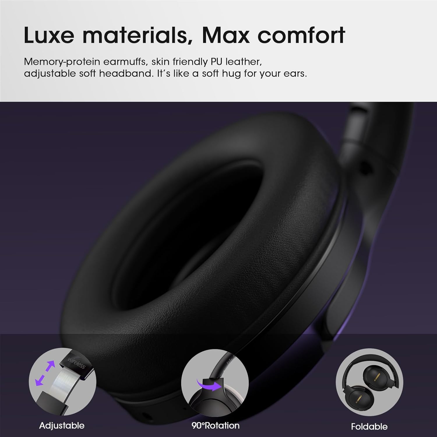 Over Ear Headphones Wireless 80H Playtime, Bluetooth Headphones Over Ear with 3 EQ Modes, Built-in ENC Mic, Deep Bass, HiFi Stereo Foldable 5.4 Bluetooth Headset for Phone PC Travel Workout Office - Image 7