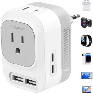 Mapambo Upgraded 220V to 110V Voltage Converter US to Europe Converter for European Travel Plug Adapter with 2 USB Port 2 USB C International Power Adapter for US to France Germany (Grey)