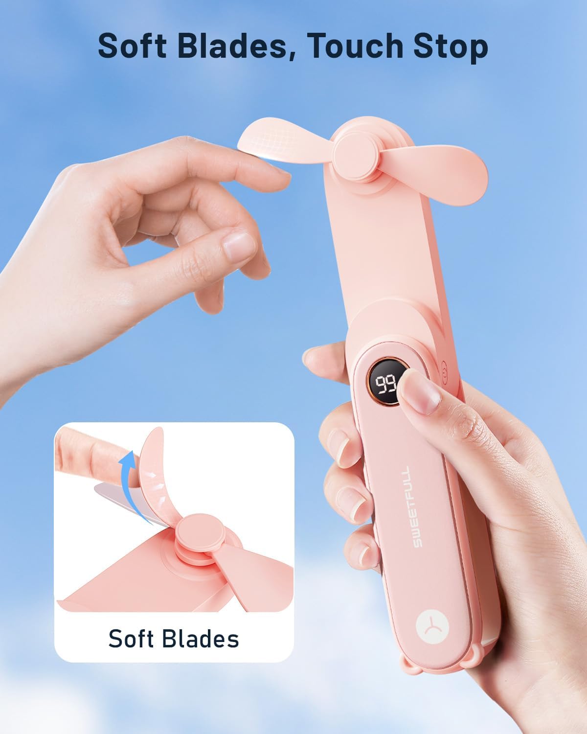 SWEETFULL Portable Handheld Mini Fan with LED Display, 2-in-1 Personal Foldable USB Rechargeable Hand Held Fan & Flashlight for Travel, Lash Eyelash, Cute Small Pocket for Women, Girls - Image 6