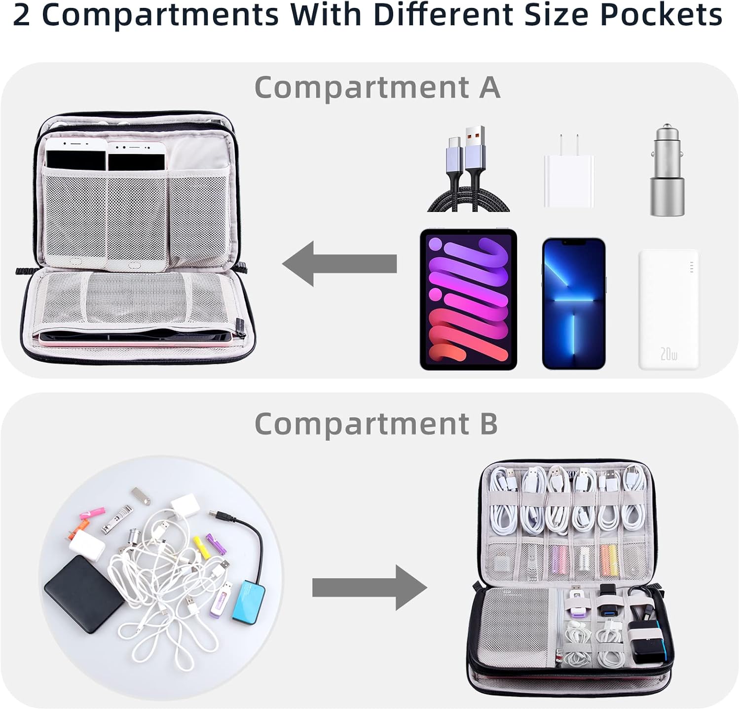 Electronics Organizer Travel Case Cord Cable Charger Organizer Bag Travel Accessories Essentials for Women Men Double Layers Tech Pouch with 5 Cable Ties for Phone Power Bank SD Card USB, Black - Image 2