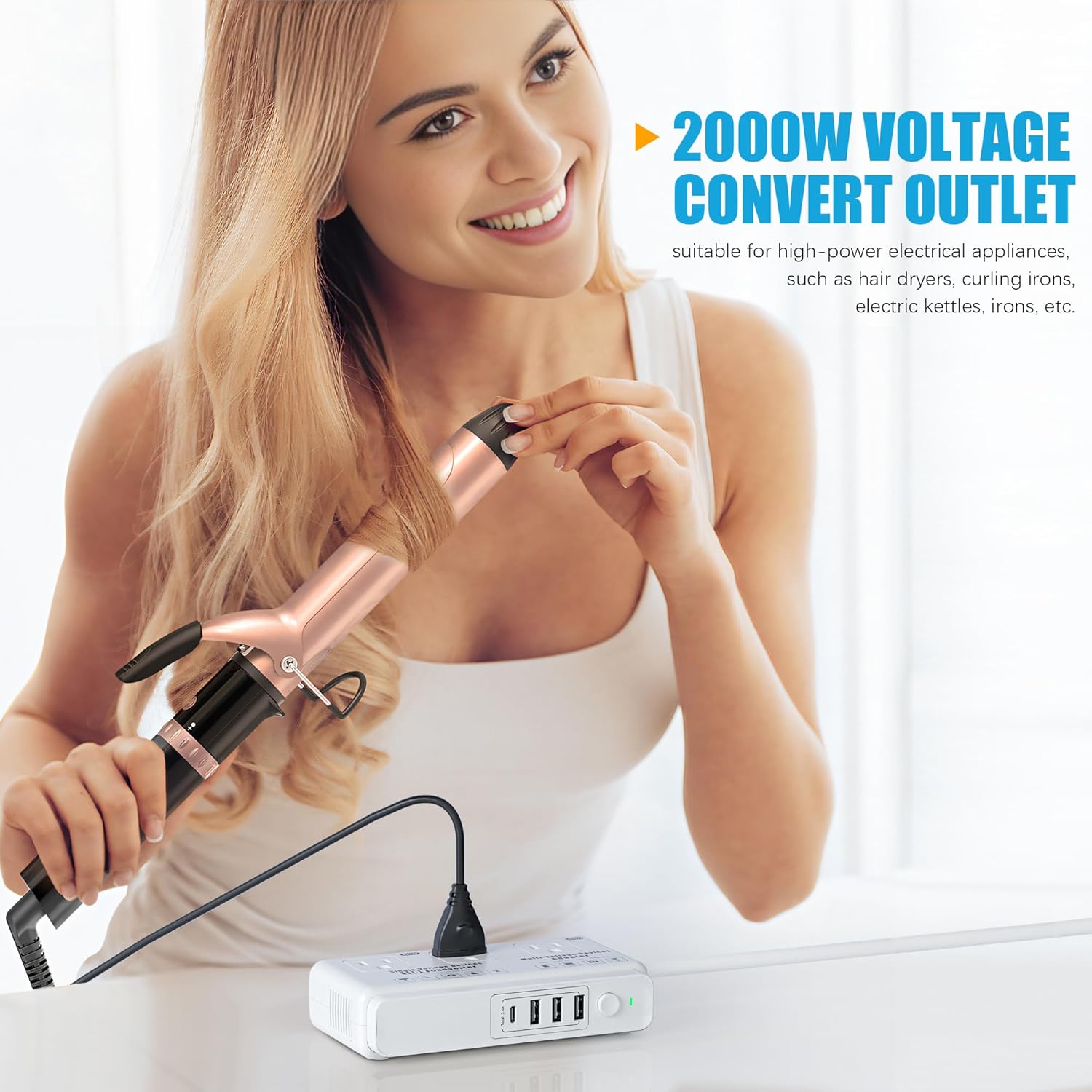 220v to 110v Travel Voltage Converter: International Universal Voltage Converter US to Europe Power Strip Plug Transformer - 2000W Electric Hair Dryer Step Down Outlet Converters for European UK EU - Image 3