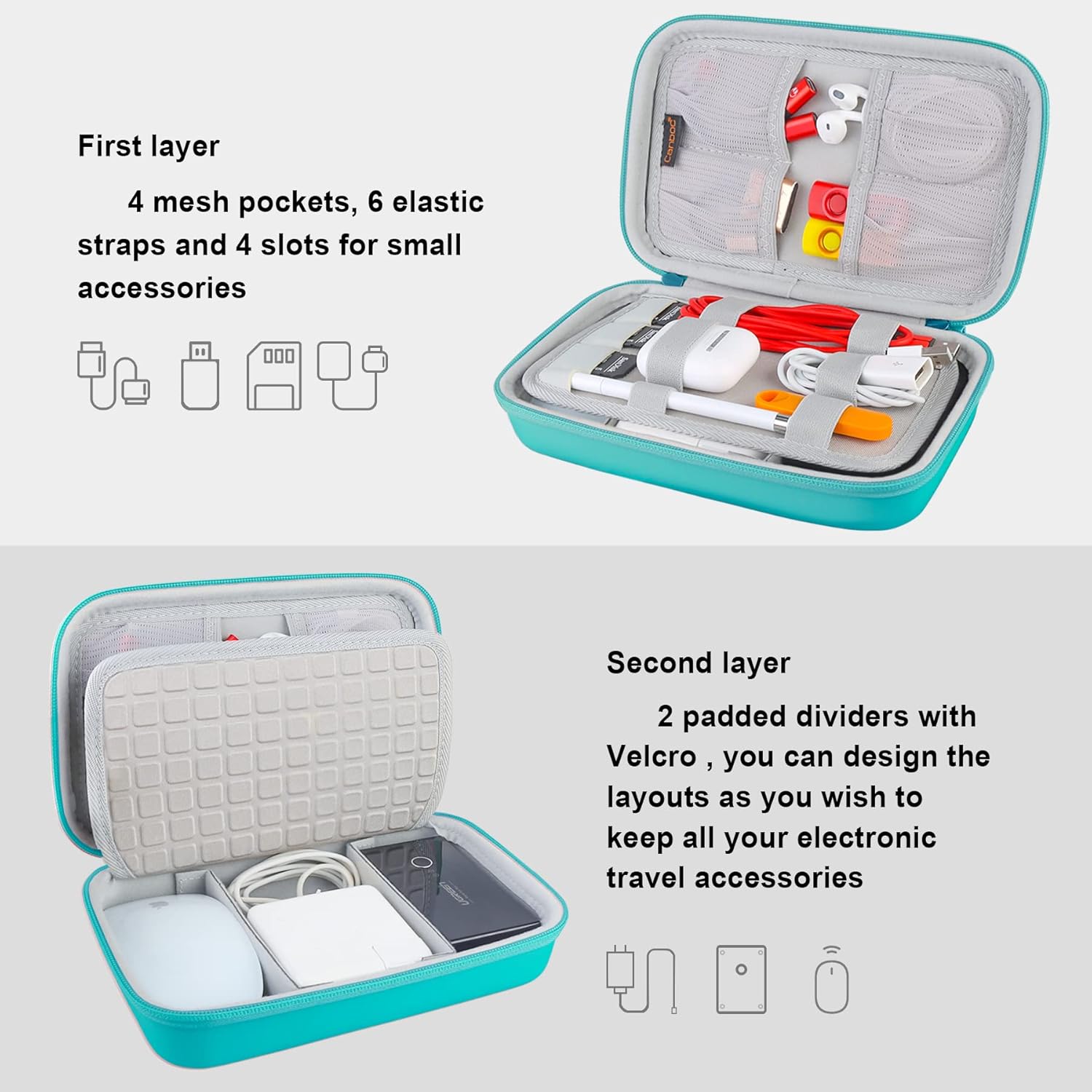 Hard Electronic Organizer Travel Case Electronics Accessories Cable Gadget Wire Storage Bag Double Layer Shockproof Box for Charger, Cord, Flash Drive, Apple Pencil, Power Bank, Turquoise - Image 3