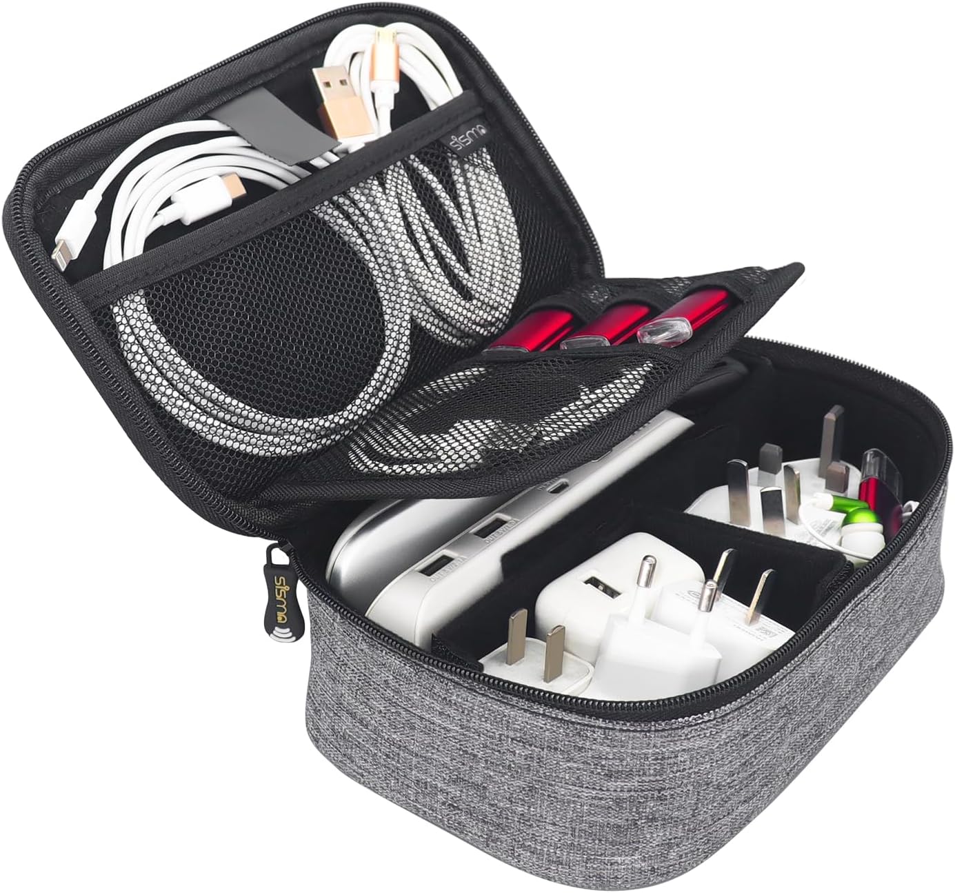 sisma Electronics Cords Organizer Tech Accessories Storage Case Travel Small Carrying Bag for Charging Cables Adapter USB Plugs Power Cord Leads - Grey 1680d - Image 9