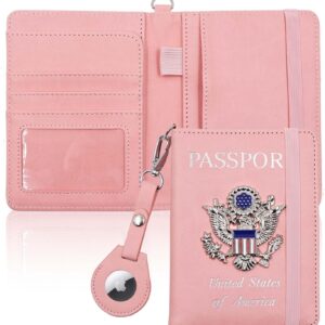 Cnycmy Passport Holder with Airtag Slot,Passport-Wallet-Holder for Women,for Family, RFID Passport Book Card Slot Waterproof, Passport Holder for Travel (Pink1)