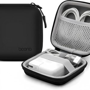 Portable Hard-shelled Travel Case for Apple MacBook Charger, Small PU Leather Electronics Organizer Waterproof Storage Bag for Laptop Accessories, Magic Mouse, Power Bank, Charging Cords(Black)