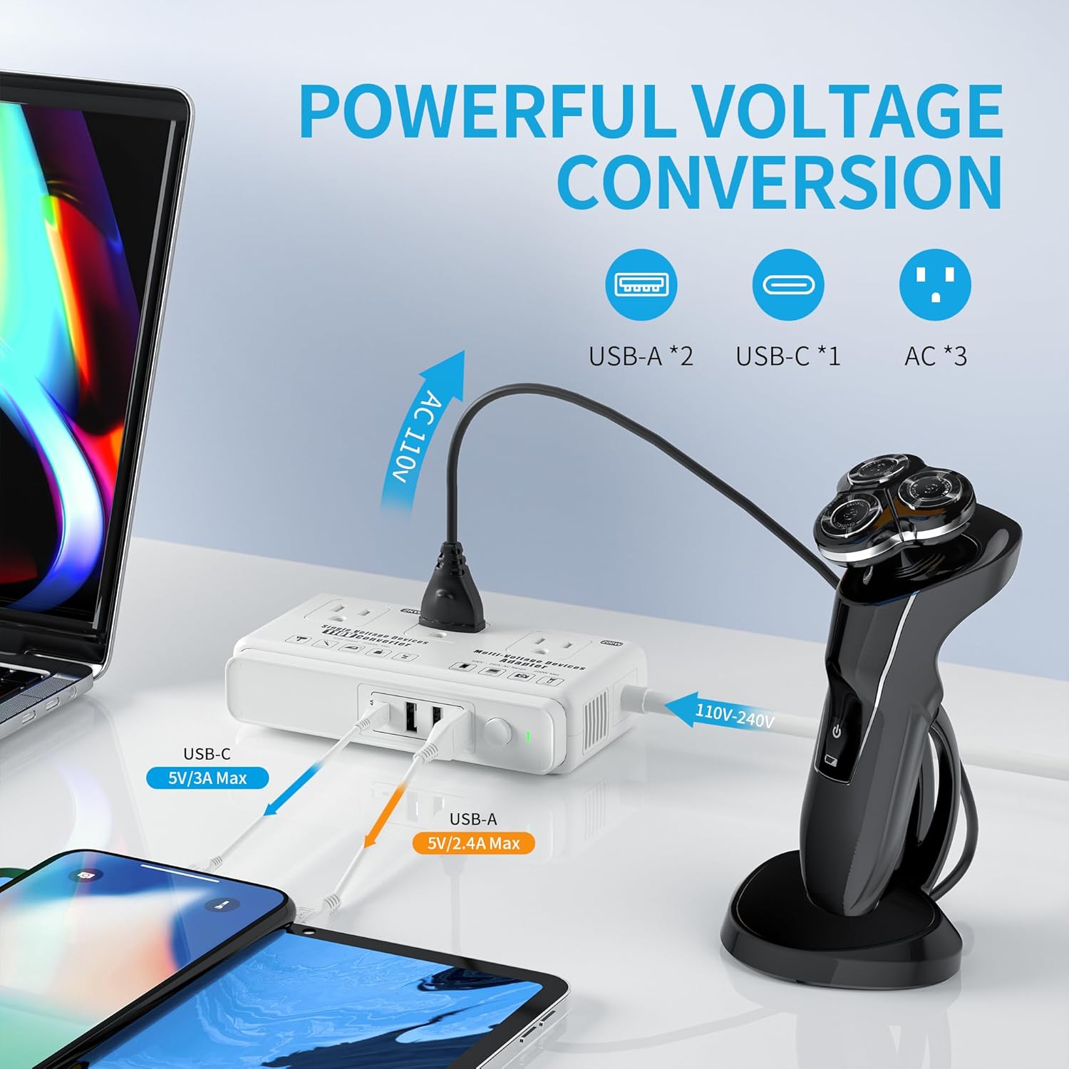 220v to 110v Travel Voltage Converter: International Universal Voltage Converter US to Europe Power Strip Plug Transformer - 2000W Electric Hair Dryer Step Down Outlet Converters for European UK EU - Image 5