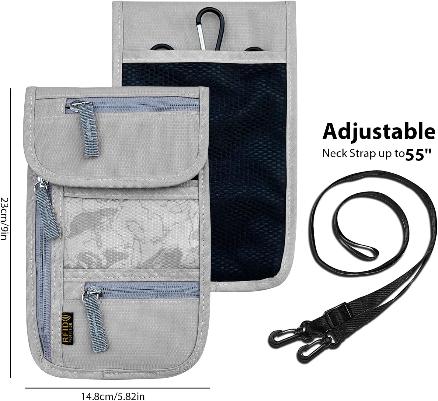 Travel Neck Wallet, RFID Blocking Passport Holder with Adjustable Neck Strap for Men and Women to Keep Cash, Credit Cards and Travel Documents Safe - Grey - Image 2