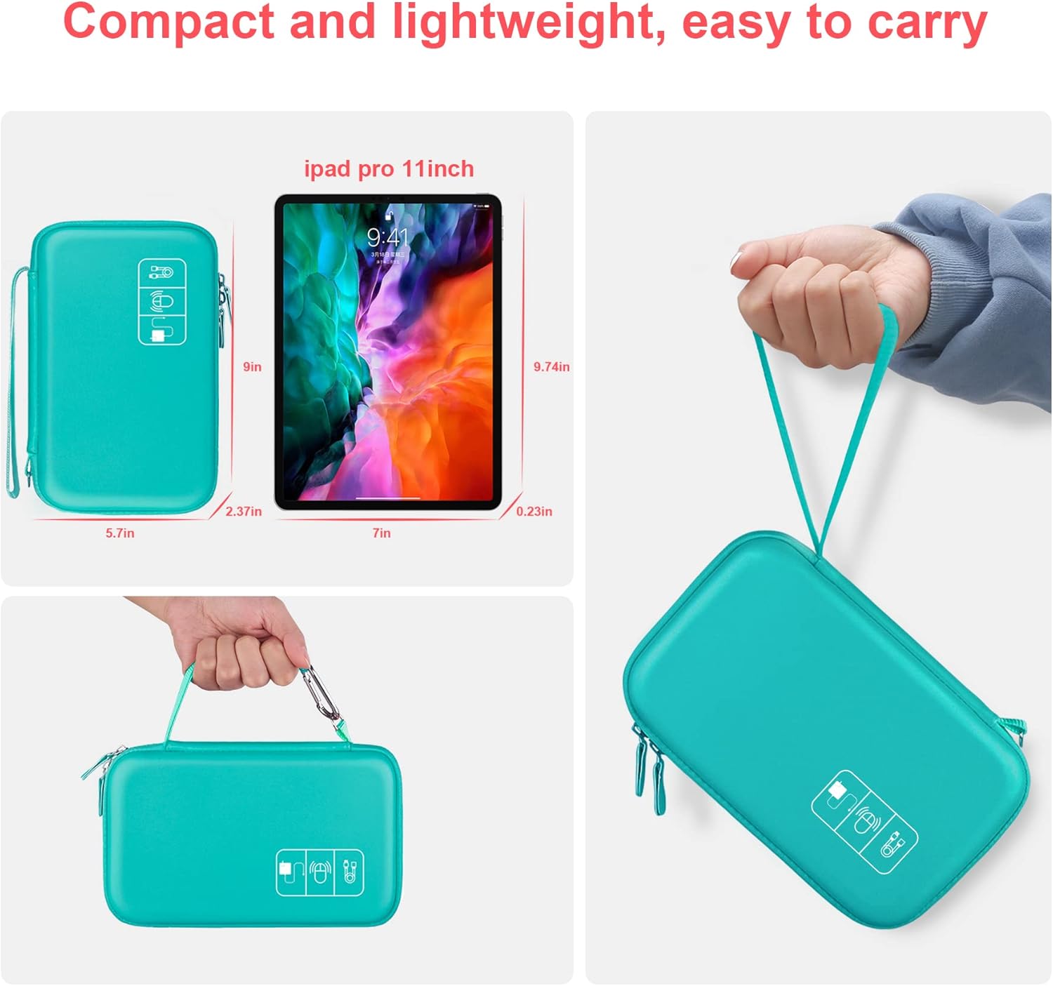 Hard Electronic Organizer Travel Case Electronics Accessories Cable Gadget Wire Storage Bag Double Layer Shockproof Box for Charger, Cord, Flash Drive, Apple Pencil, Power Bank, Turquoise - Image 6