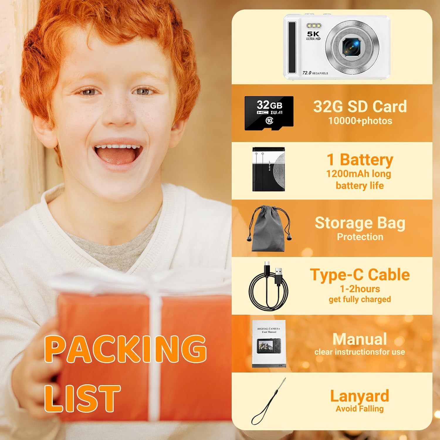 5K Digital Camera - 72MP Digital Cameras with 16X Zoom for Kids' Gifts - Autofocus Point and Shoot Digital Camera for Photography - UHD 2.8'' Screen Compact Portable Camera with 32GB SD Card - Image 7