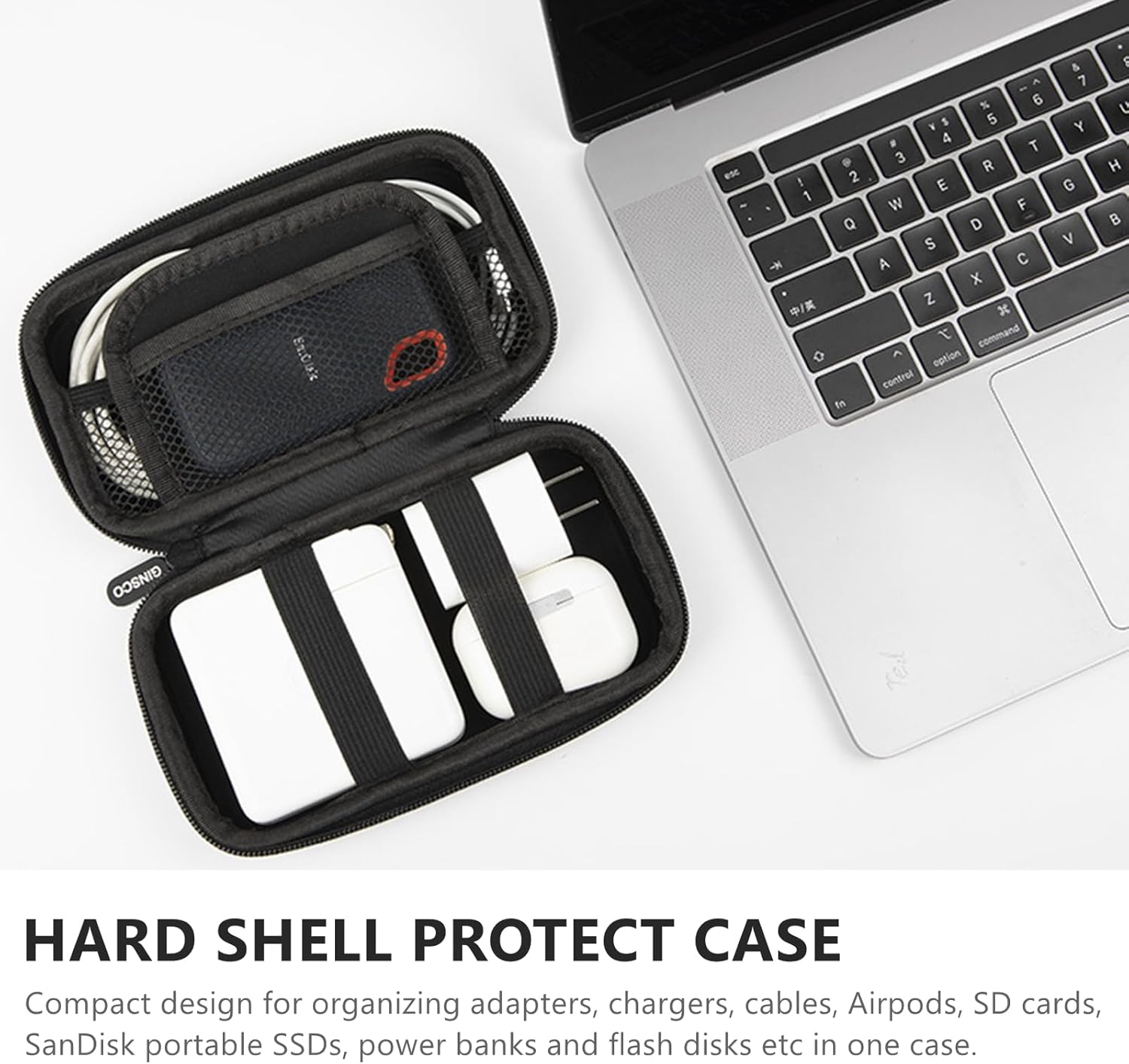 Ginsco Hard Shell Protection Case Electronic Accessories Organizer Pouch for MacBook Air/pro Adapter Chargers Cables Power Bank, for Sandisk Portable SSD Flash Disk SD Card (Black) - Image 2
