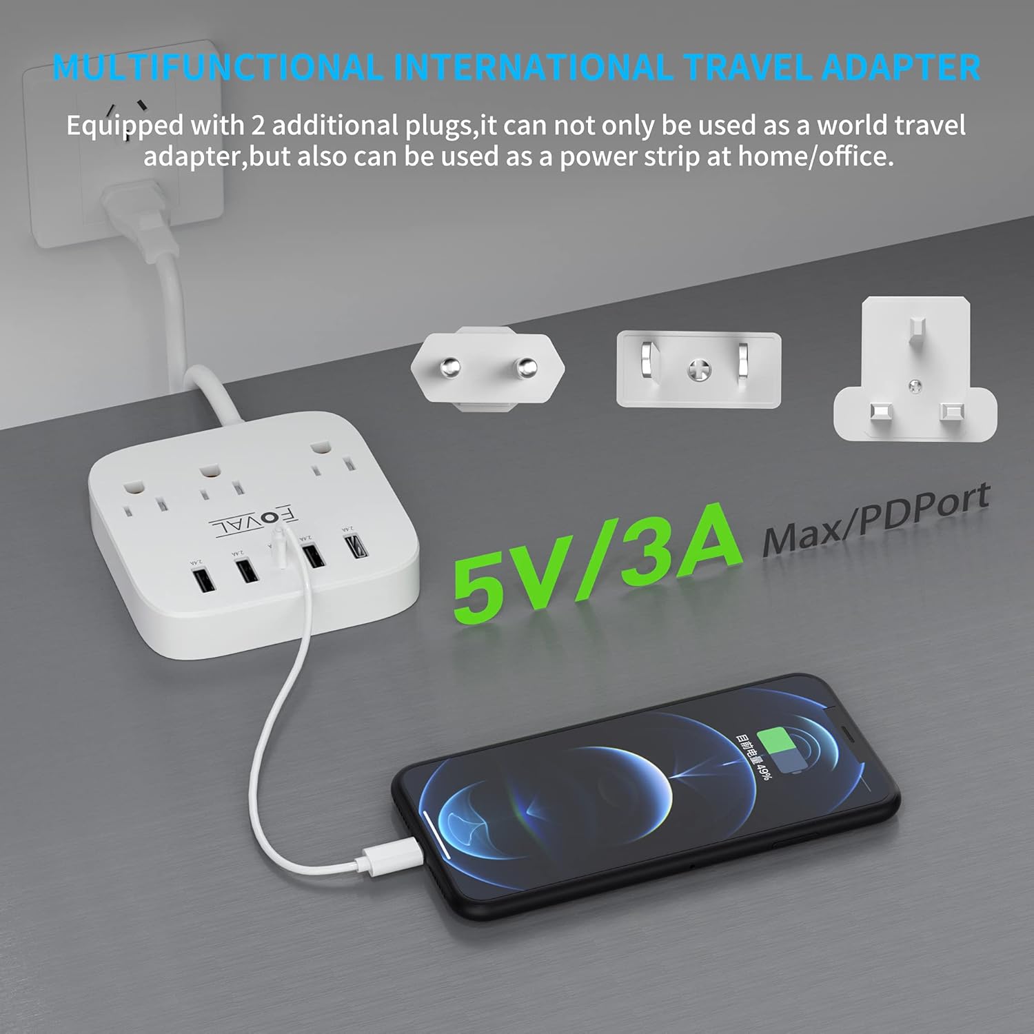 European Travel Plug Adapter, FOVAL EU UK US Power Strip with USB C and 4 USB Ports, 3 AC Outlets, Wall Mountable, 5ft Extension Cord, Compact for Travel, Cruise Ship, Home Office - Image 5