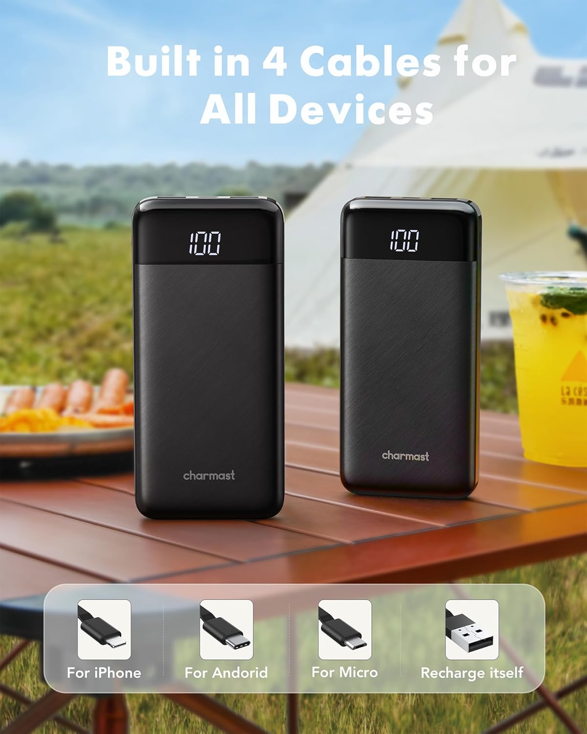 Portable Charger with Built in Cables, Portable Charger with Cords Wires Slim 10000mAh Travel Essentials Battery Pack 6 Outputs 3A High Speed Power Bank for iPhone Samsung Pixel LG Moto iPad - Image 2