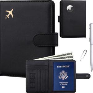 GOAUS Passport Holder for Travel with Airtag Card Slots, Money Pocket, Women Men RFID Blocking Wallet Book Case Black