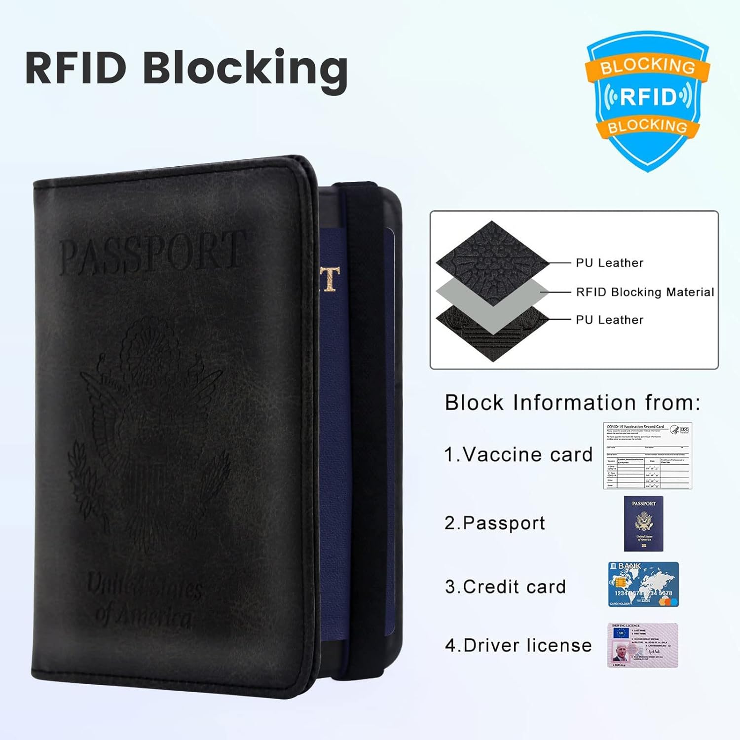 Passport Holder Combo,Leather Rfid Blocking Passport Id Organize Travel Wallet Cover Case Slot Passport Protectors Book for Girls Women Men(Black) - Image 4