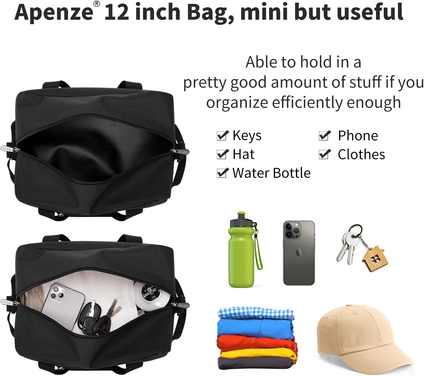 Small Gym Bag Carry On Bag - 12 in Mini Duffle Bag Lightweight for Overnight Travel(Black) - Image 4