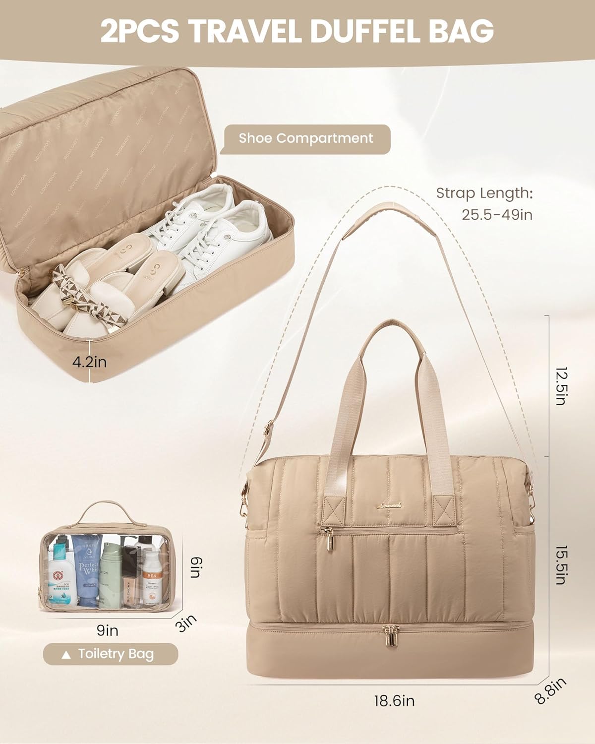 LOVEVOOK Travel Duffle Bag,Puffer Weekender Bags For Women with Shoe Compartment,42L Carry On Duffel Bags For Airplanes,Hospital Bag for Labor and Delivery,Overnight Bag With Toiletry Bag,2Pcs Set - Image 3