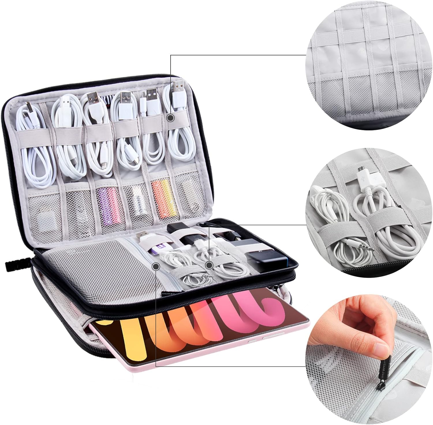 Electronics Organizer Travel Case Cord Cable Charger Organizer Bag Travel Accessories Essentials for Women Men Double Layers Tech Pouch with 5 Cable Ties for Phone Power Bank SD Card USB, Black - Image 5