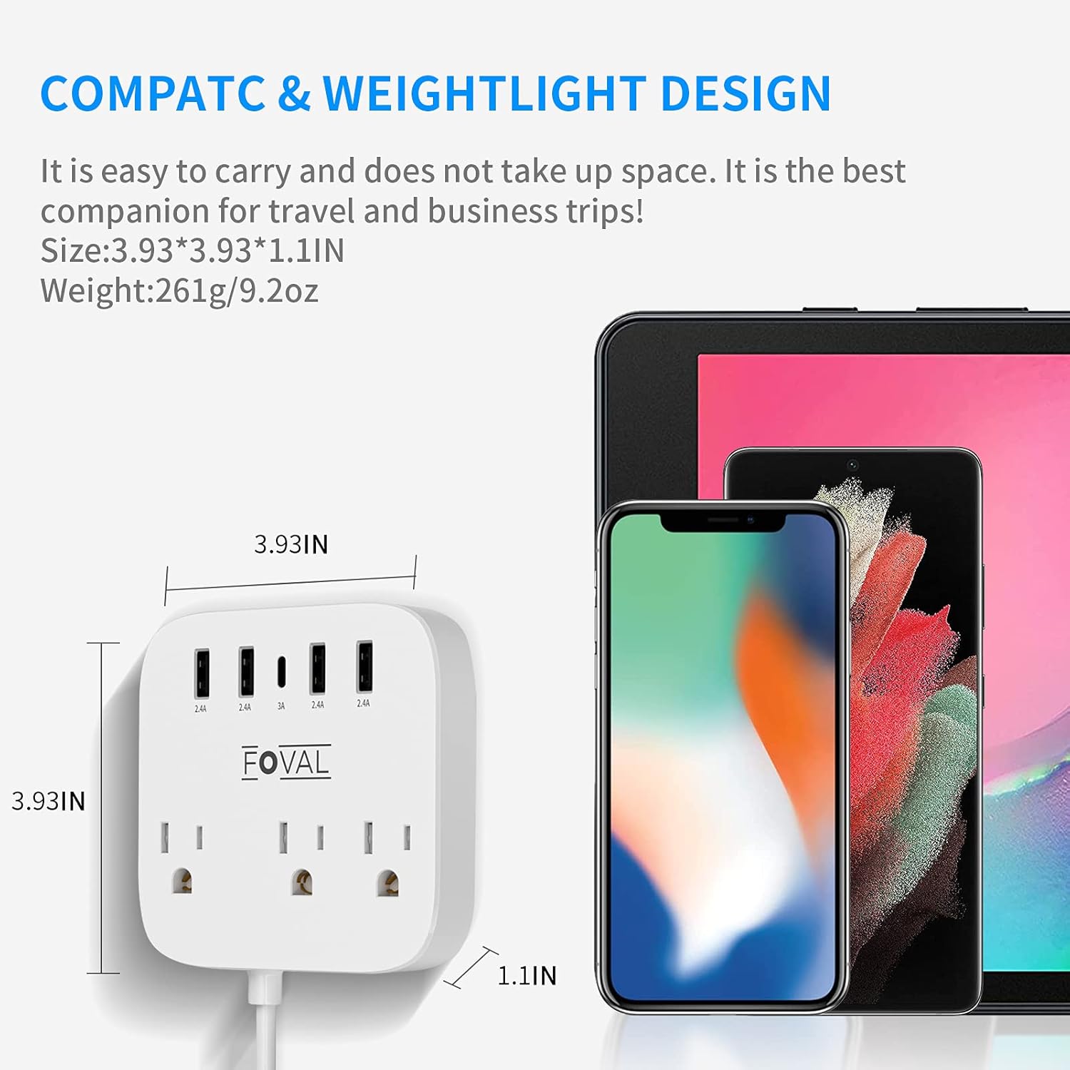 European Travel Plug Adapter, FOVAL EU UK US Power Strip with USB C and 4 USB Ports, 3 AC Outlets, Wall Mountable, 5ft Extension Cord, Compact for Travel, Cruise Ship, Home Office - Image 6