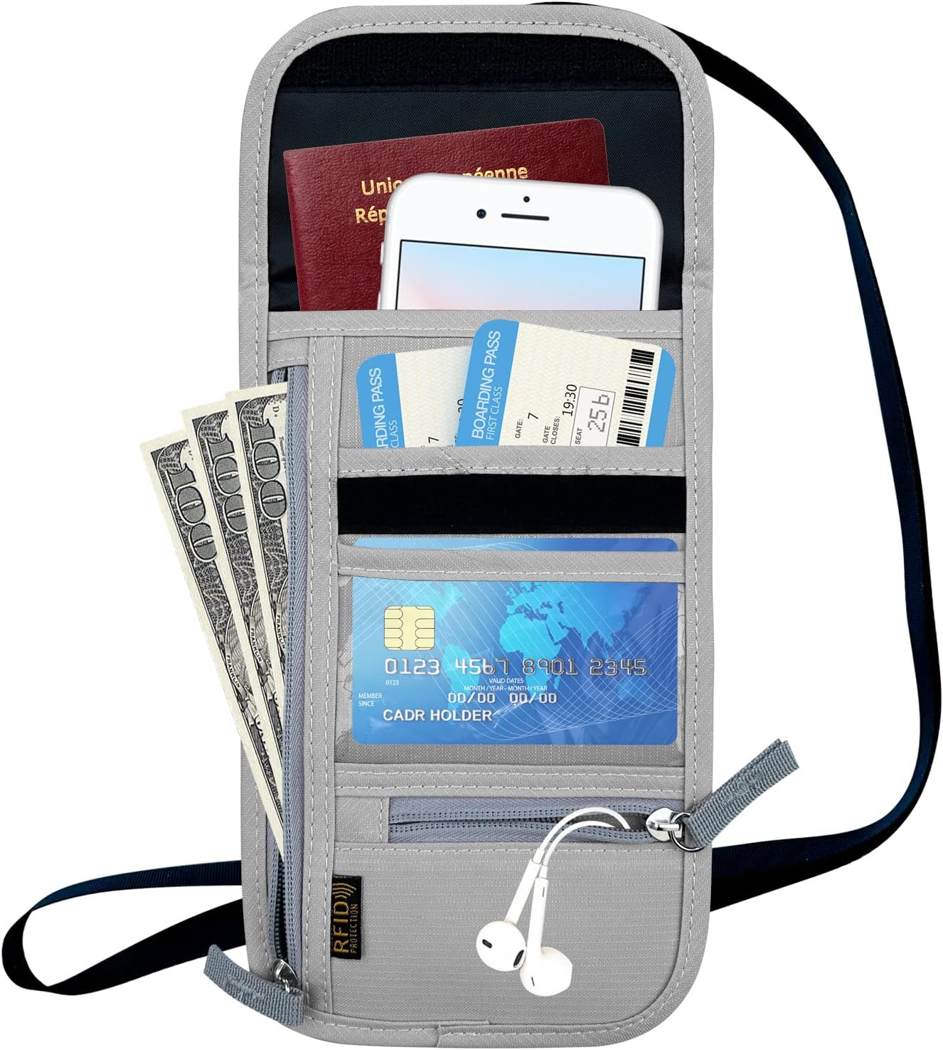 Travel Neck Wallet, RFID Blocking Passport Holder with Adjustable Neck Strap for Men and Women to Keep Cash, Credit Cards and Travel Documents Safe - Grey - Image 5