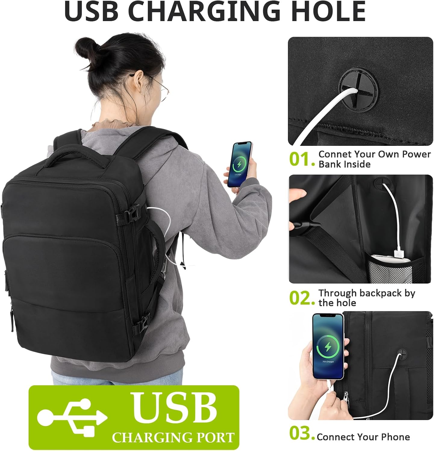 Travel Backpack for Women Men,Travel Laptop Backpack w/USB Charging Port, Waterproof Travel Backpack Carry On Flight Approved,Weekender Business Hiking Bag,Laptop Backpack 15.6 inch - Image 6