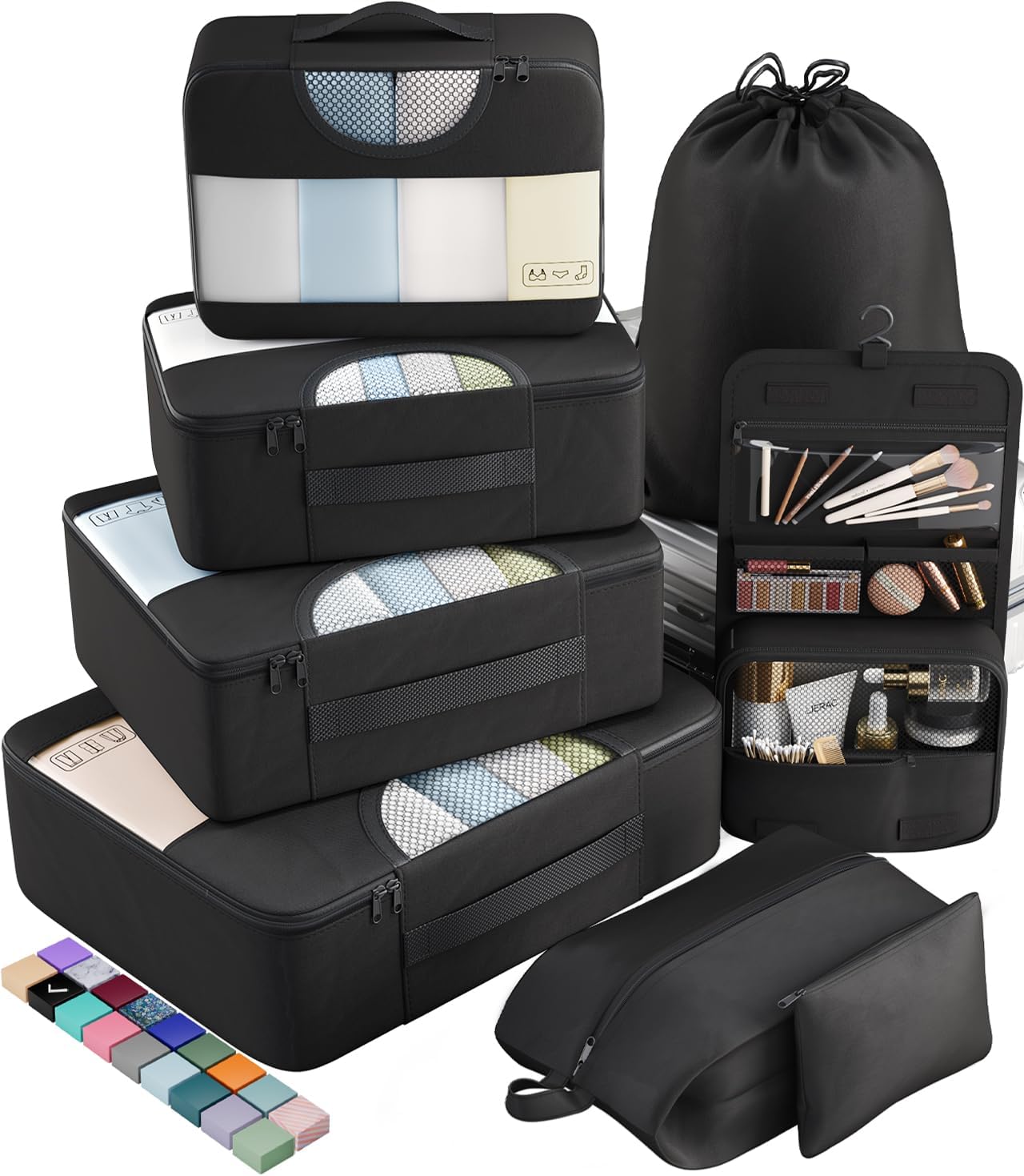 Veken 8 Set Packing Cubes for Travel Essentials, Suitcase Organizer Bags Set for Luggage, Road Trip Travel Accessories in 4 Sizes (Extra Large, Large, Medium, Small), Black