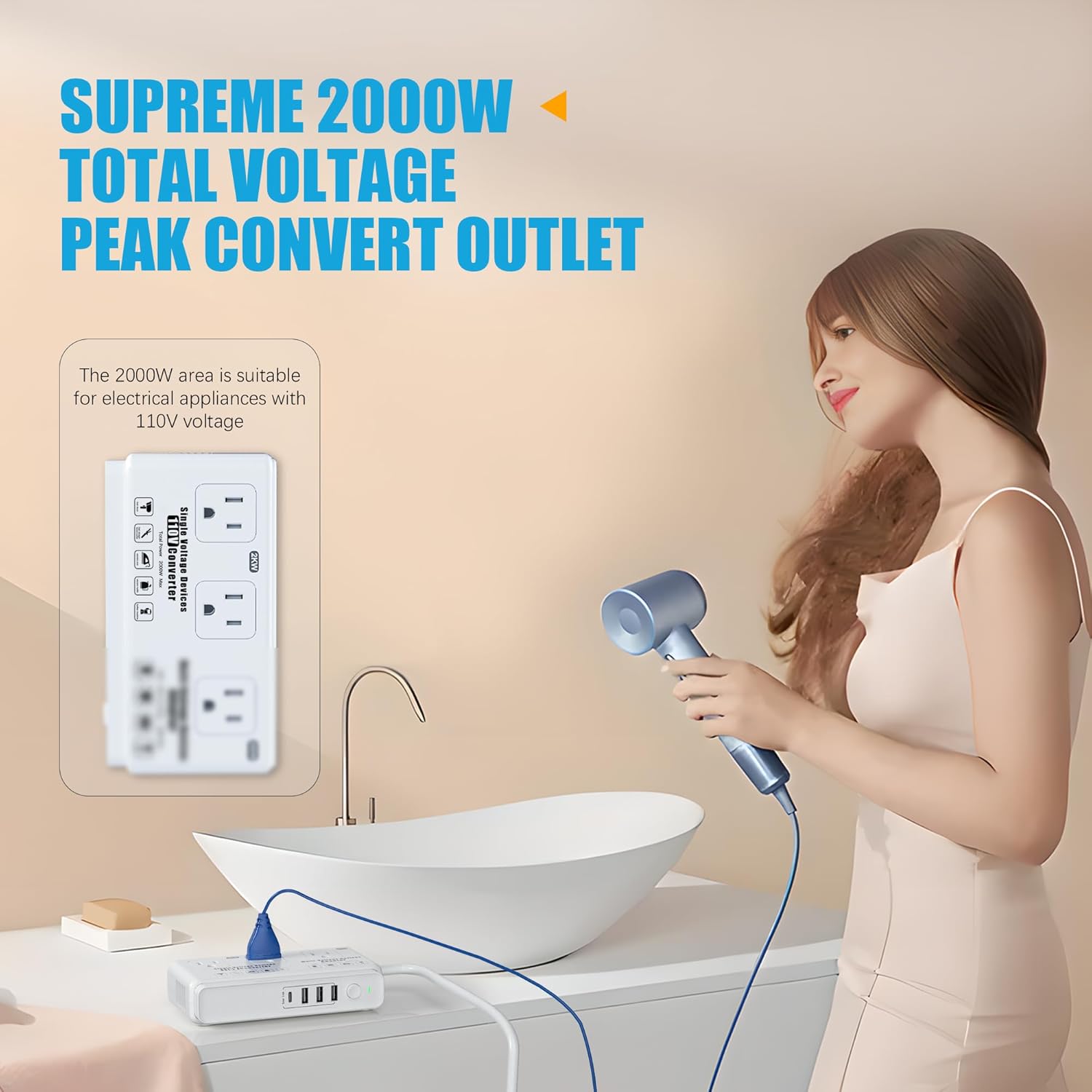 220v to 110v Travel Voltage Converter: International Universal Voltage Converter US to Europe Power Strip Plug Transformer - 2000W Electric Hair Dryer Step Down Outlet Converters for European UK EU - Image 2