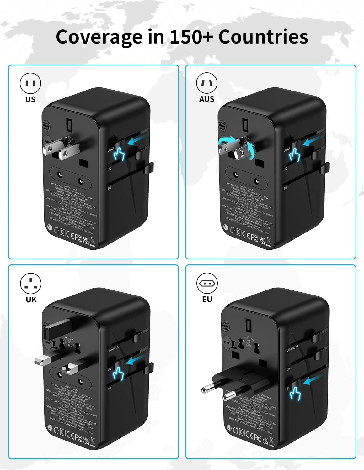 MOMAX Universal Travel Adapter, 100W Fast GaN International Power Adapter, 2PD USB-C+2QC USB-A Travel Adapter, US, UK, EU, AU Travel Adapter Worldwide for Laptops, Tablets, Phones, Vision Pro - Image 5