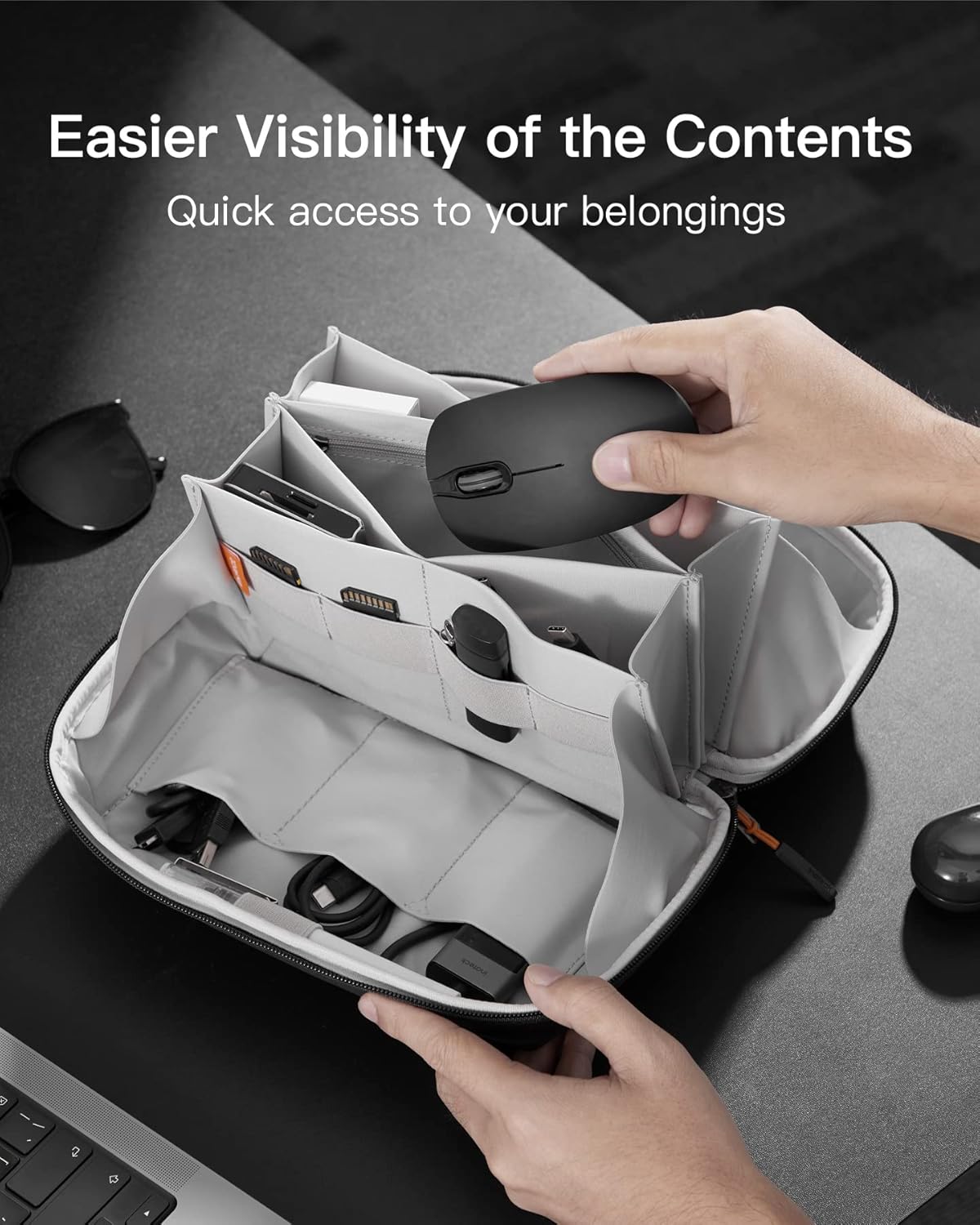 Inateck Electronics Organizer Travel Case, 180° Open Water-resistant, Multifunctional Travel Organizer Bag, Electronic Accessories Carry Case, Black, Large - Image 7