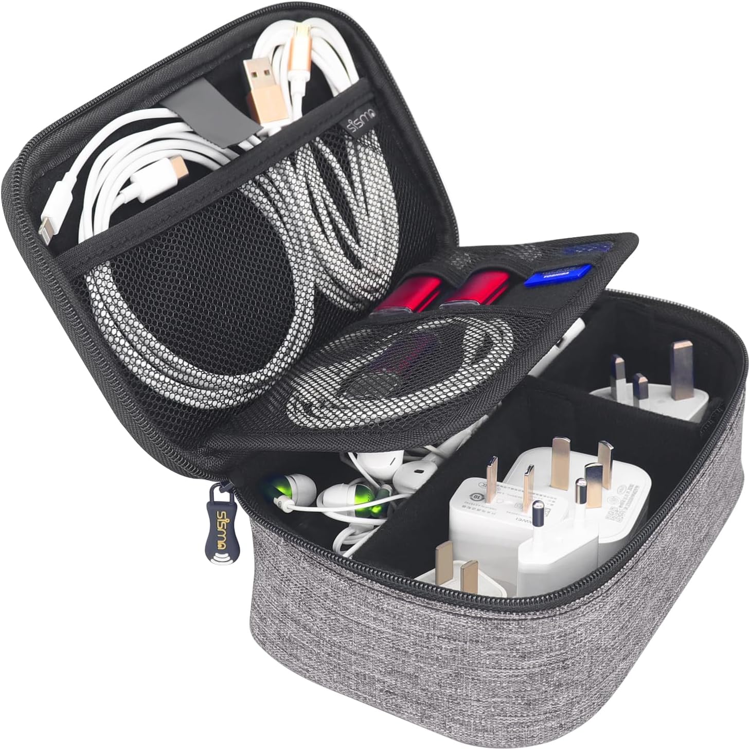 sisma Electronics Cords Organizer Tech Accessories Storage Case Travel Small Carrying Bag for Charging Cables Adapter USB Plugs Power Cord Leads - Grey 1680d - Image 5