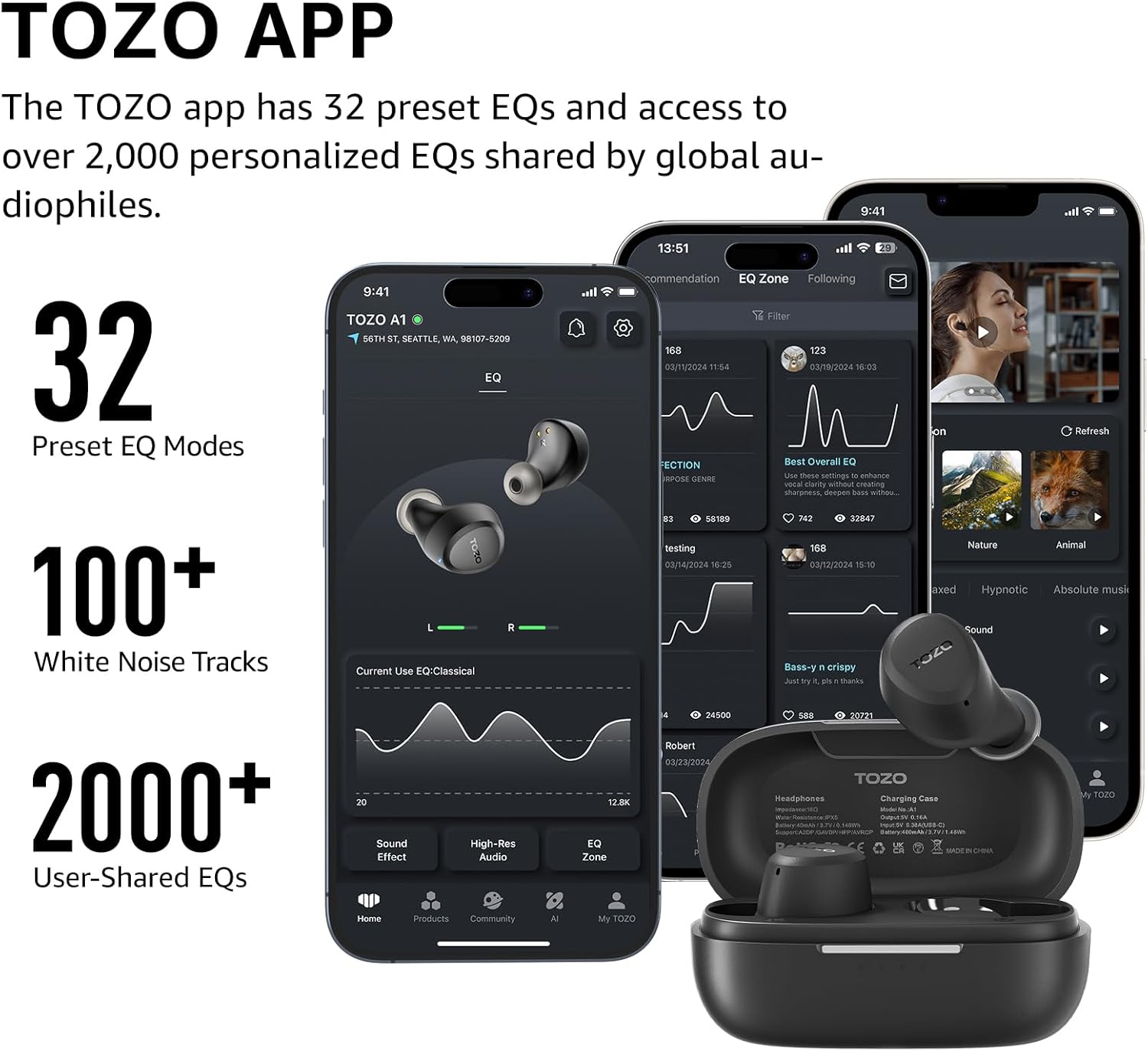 TOZO A1 Wireless Earbuds Bluetooth 5.3 Light Weight in Ear IPX5 Waterproof Headphones 2 Mic for AI Calls, Immersive Premium Sound Bass Headset with Charging Case, 32 Presets EQ Customization via App - Image 7