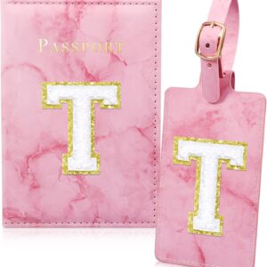 Pink Passport Cover Cute Passport Book Holder for Travel Luggage Tag Set with Initial Monogram Letter Marble Airplane Travel Essentials Personalized Cruise Accessories Trip Favor Gifts for Women Girls