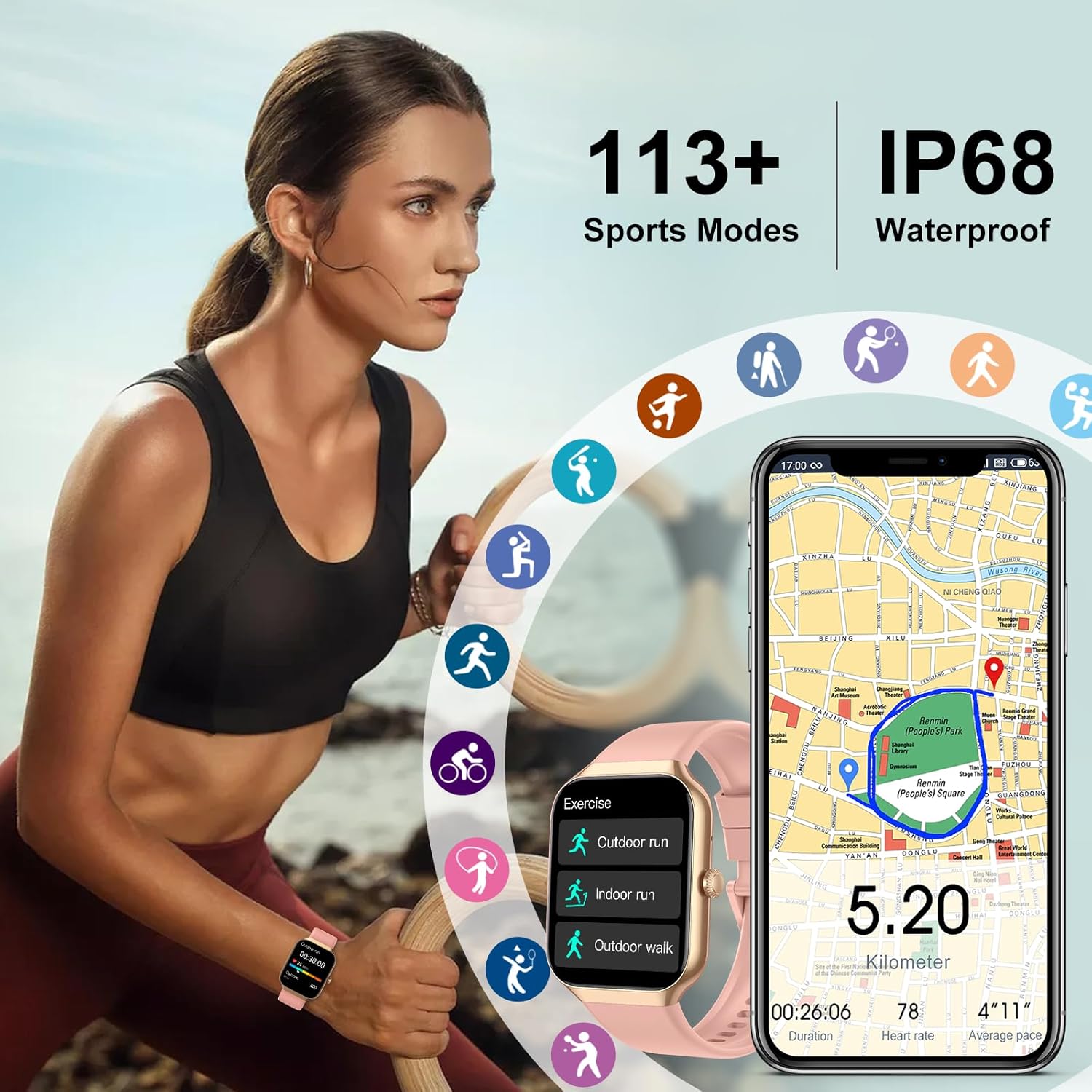 Smart Watch for Women, 1.96"HD Smartwatch (Answer/Make Call) with Heart Rate/Sleep Monitor/Spo2/Pedometer, Fitness Activity Tracker 113+ Sport Modes IP68 Waterproof Watches Women for Android iOS Pink - Image 5