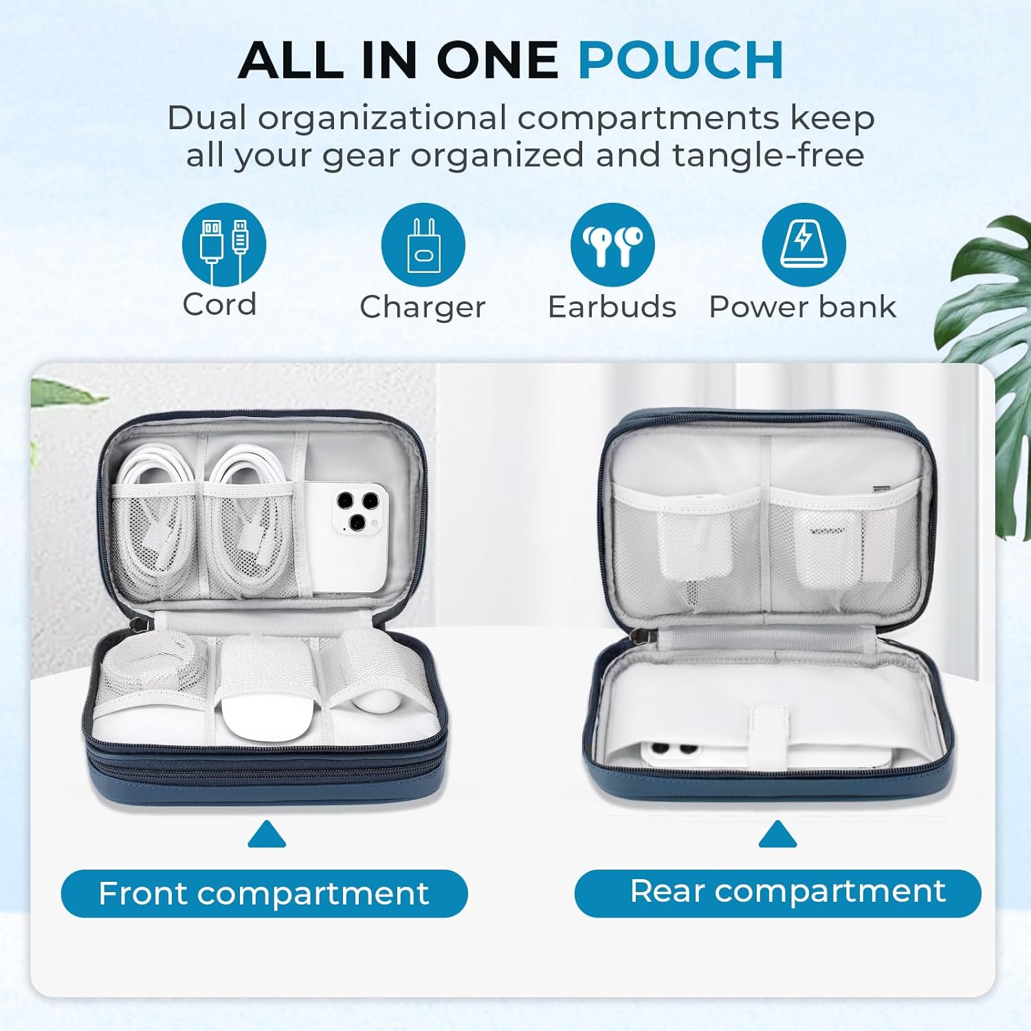 FYY Electronic Organizer, Large Travel Cable Organizer Bag Electronic Accessories Carry Case Pouch Portable Waterproof Double Layers All-in-One Storage Bag for Cable, Cord, Charger, Blue - Image 3