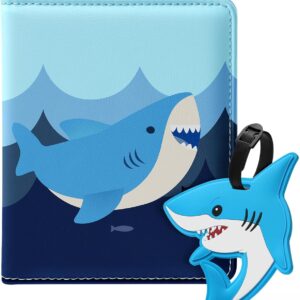 Slohif Kids Passport Holder Lugguage Tag Set Suitcase Cover Wallet Case for Travel Boys Women - Cute Leather Passport Book Personalized Organizer Card Protector Sleeve Essentials Slim Carrier Shark