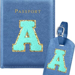 Slohif Passport Holder Initial Lugguage Tag Set Suitcase Cover Wallet Case for Travel Women - Leather Letter Passport Book Personalized Organizer Card Protector Sleeve Essentials Slim Carrier Blue A