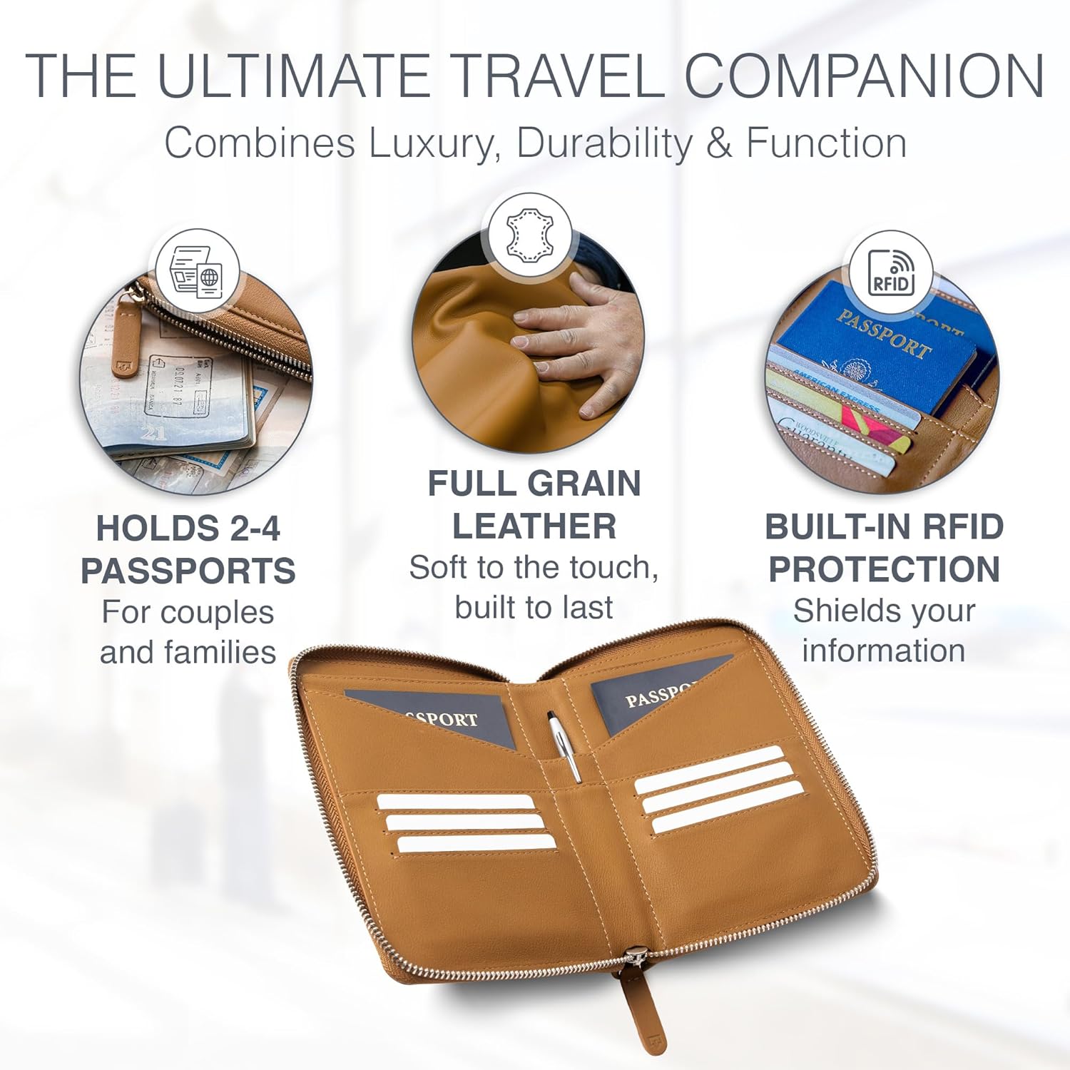Full Grain Leather Family Passport Holder for 2-4 Passports - RFID Passport Holder and Travel Document Organizer - Large Leather Travel Wallet for Couples and Families - Camel - Image 2
