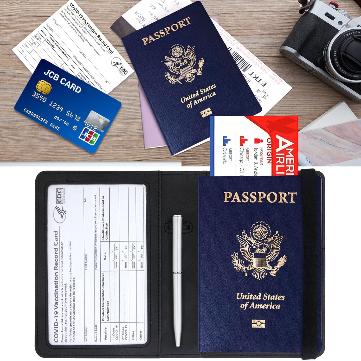 Passport Holder Combo,Leather Rfid Blocking Passport Id Organize Travel Wallet Cover Case Slot Passport Protectors Book for Girls Women Men(Black) - Image 6