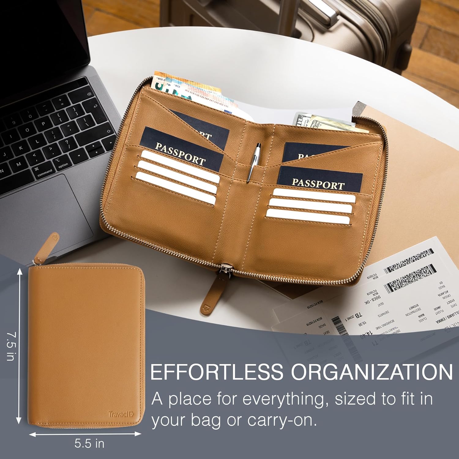 Full Grain Leather Family Passport Holder for 2-4 Passports - RFID Passport Holder and Travel Document Organizer - Large Leather Travel Wallet for Couples and Families - Camel - Image 5