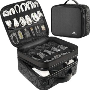 MATEIN Cable Organizer Bag, Waterproof Travel Electronic Storage with Adjustable Divider, Shockproof Portable Double Layer Tech Bag Carrying Case for Cord, Earbuds, Charger, SD Card, DJ Gifts, Black
