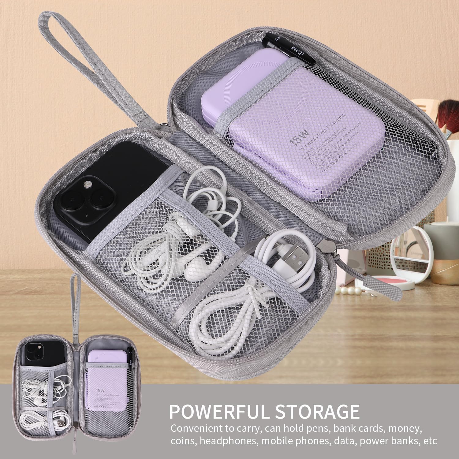 Universal Cable Organizer - Electronics Accessories Bag for Charger, Phone, Memory Card, Travel Gadget Bag (Grey) - Image 3