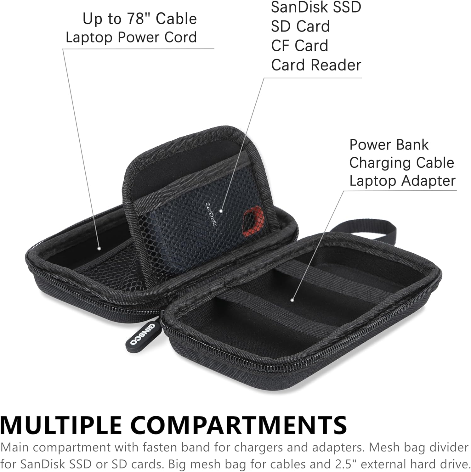 Ginsco Hard Shell Protection Case Electronic Accessories Organizer Pouch for MacBook Air/pro Adapter Chargers Cables Power Bank, for Sandisk Portable SSD Flash Disk SD Card (Black) - Image 4