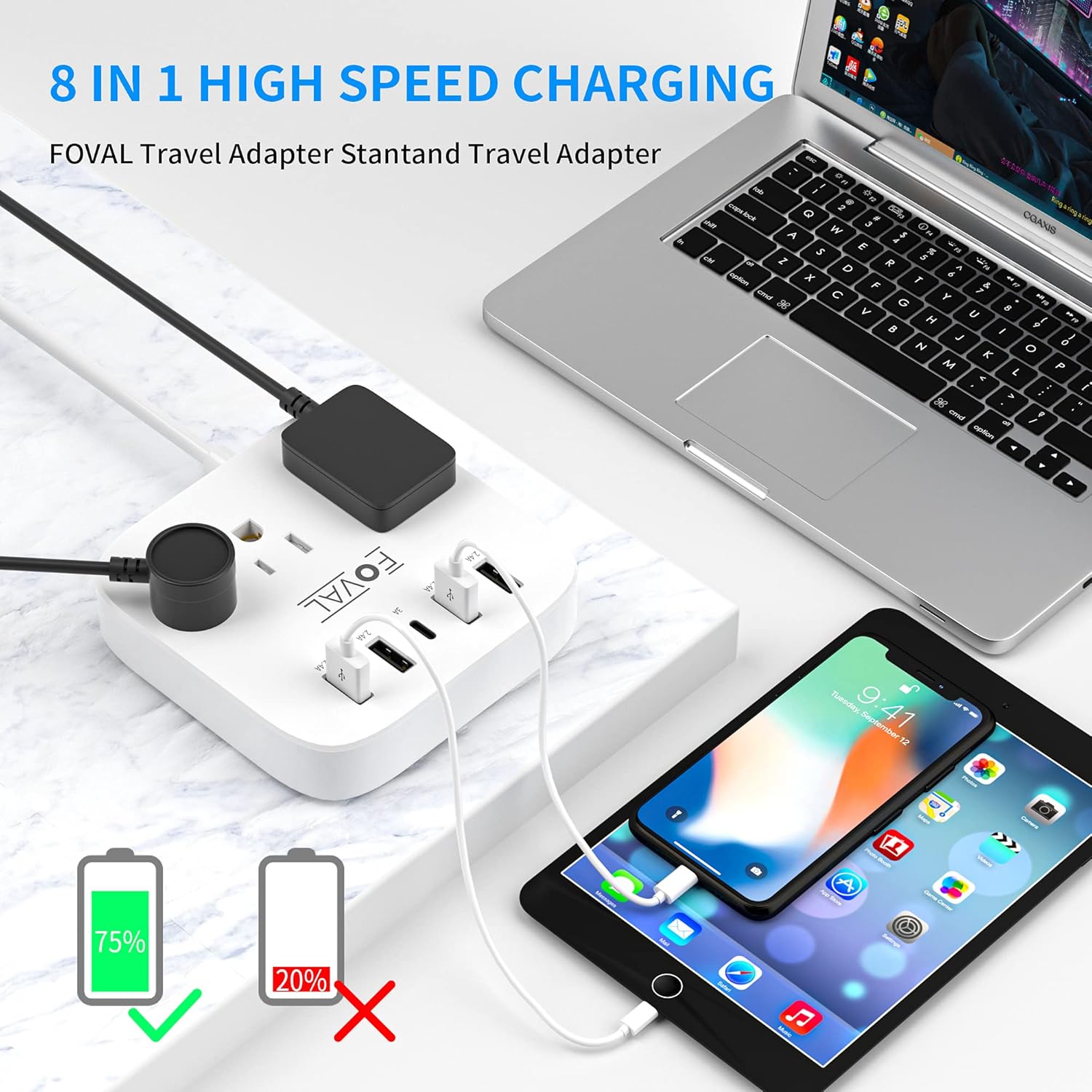 European Travel Plug Adapter, FOVAL EU UK US Power Strip with USB C and 4 USB Ports, 3 AC Outlets, Wall Mountable, 5ft Extension Cord, Compact for Travel, Cruise Ship, Home Office - Image 2