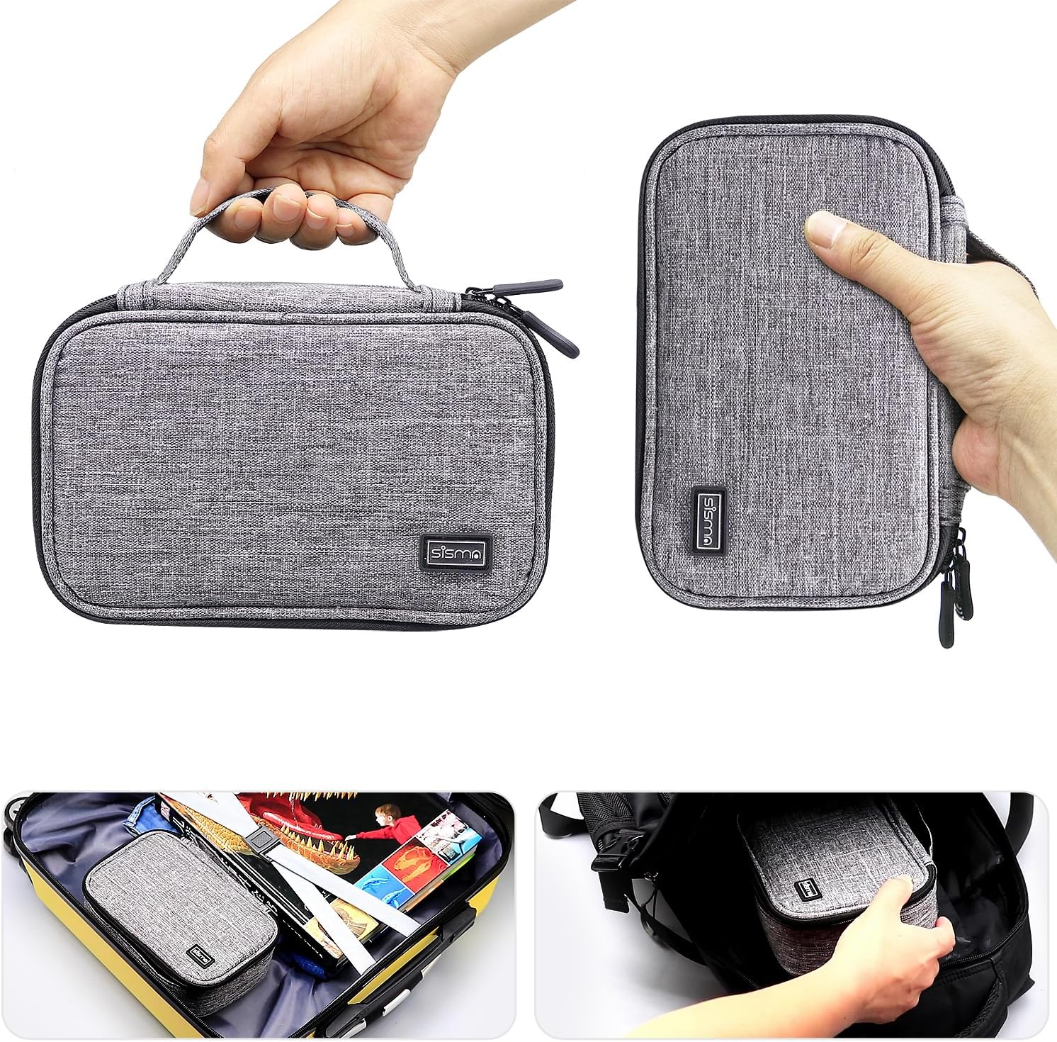 sisma Electronics Cords Organizer Tech Accessories Storage Case Travel Small Carrying Bag for Charging Cables Adapter USB Plugs Power Cord Leads - Grey 1680d - Image 2