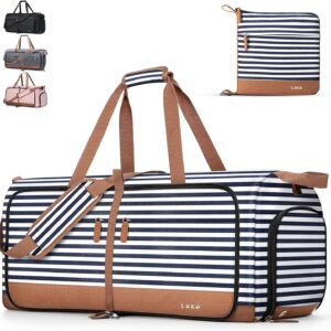 Lekesky Foldable Travel Duffle Bag for Women, 60L Large Duffel Bag with Separate Shoes Compartments & Straps, Carry On Weekend Bag for Women, Hospital, Overnight (Blue Stripes)