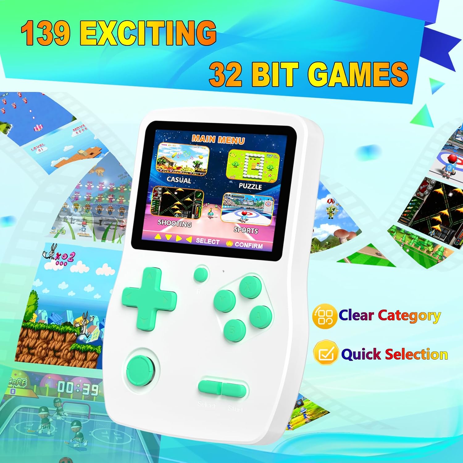 32 Bit Handheld Games for Kids Preloaded 139 Video Games, Portable Video Gaming Player with 3.0" IPS Screen and Rechargeable Battery, Mini Travel Games Electronic Gifts Toys for Boys Girls, White - Image 2